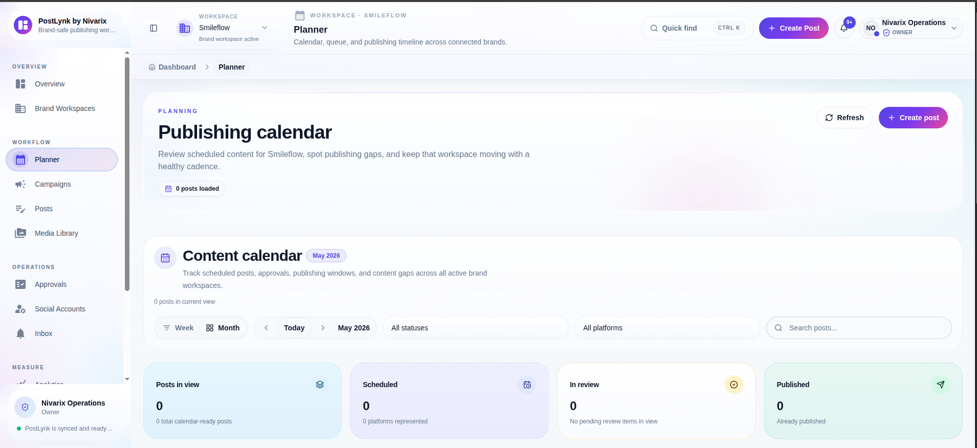 PostLynk publishing calendar screen