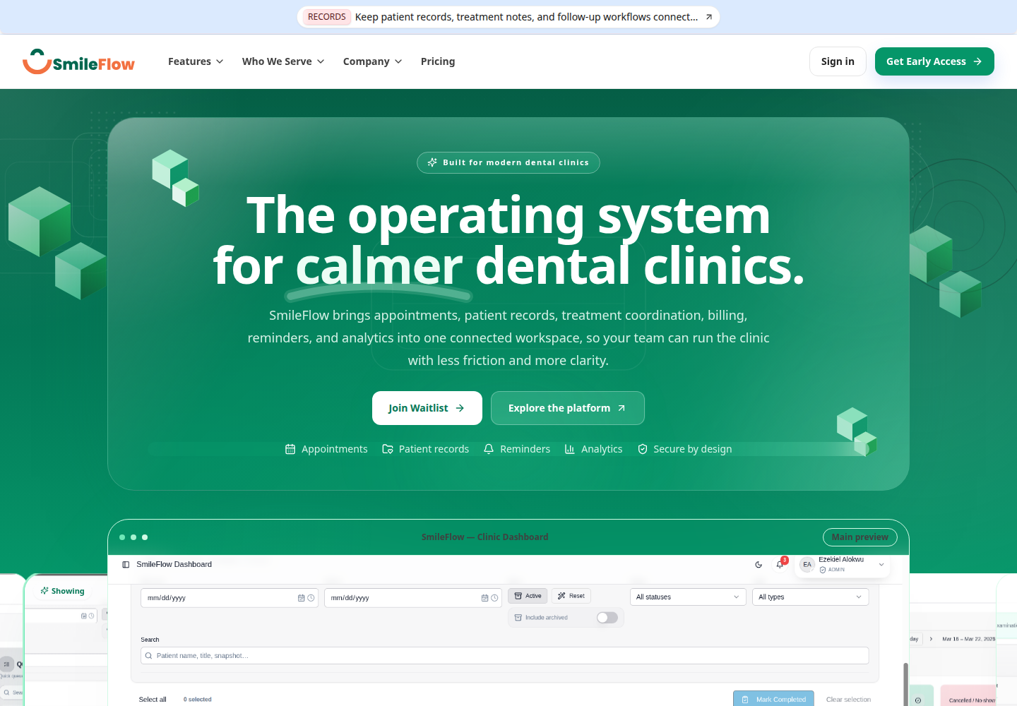 SmileFlow homepage with clinic operating system and dashboard preview